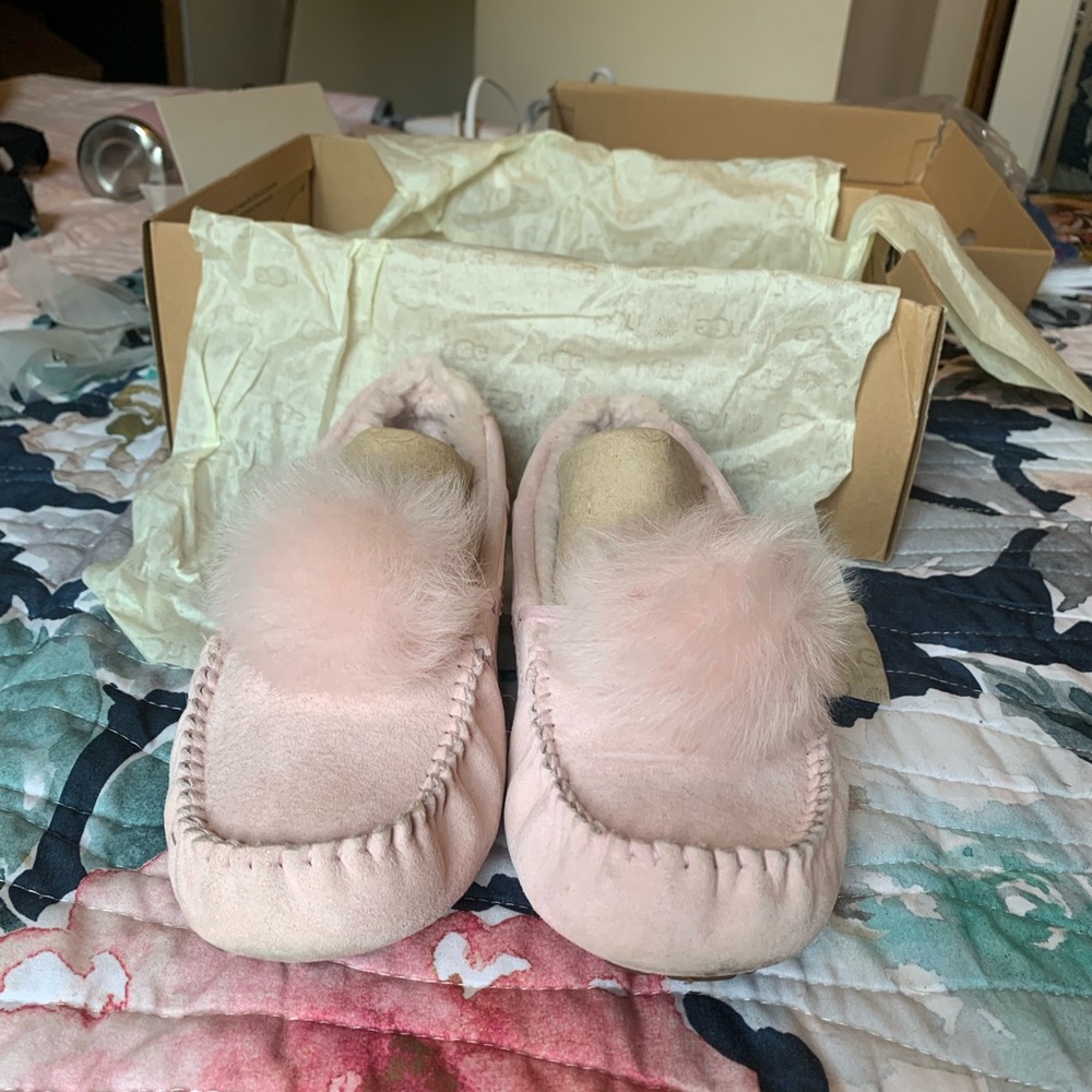 UGG Pink Fluffy Pom-Pom Slippers